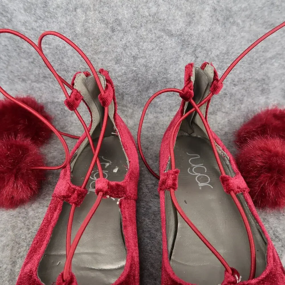 Sugar Shoes Kids 13 Ballet Flats Pom Pom Tie Red Round Toe Faux Fur Lollipop